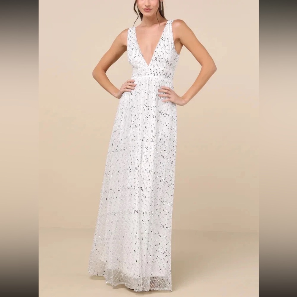 Lulus Womens Solita‎ White Sequin Mesh Sleeveless Maxi Dress L Bridal Prom Event